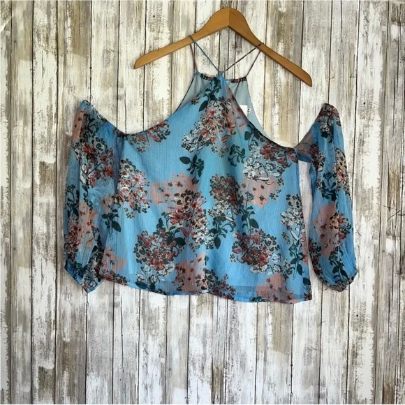 Line + Dot Blue Floral Open Shoulder Blouse - Picture 1 of 5